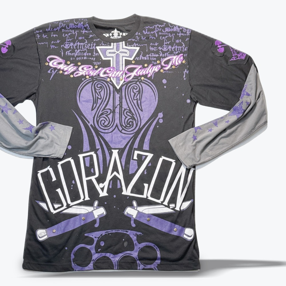 Blac Label Long Sleeve TShirt Y2K MMA Corazon Embroidered Studded Purple Mens XL